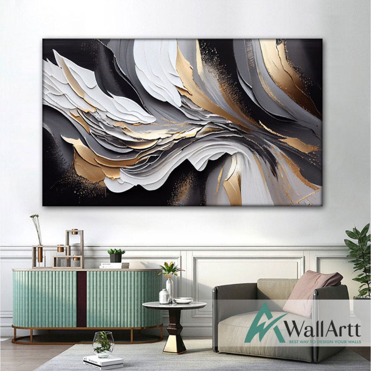 Abstract Gold with Black n White 3d Heavy Textured Partial Oil Painting